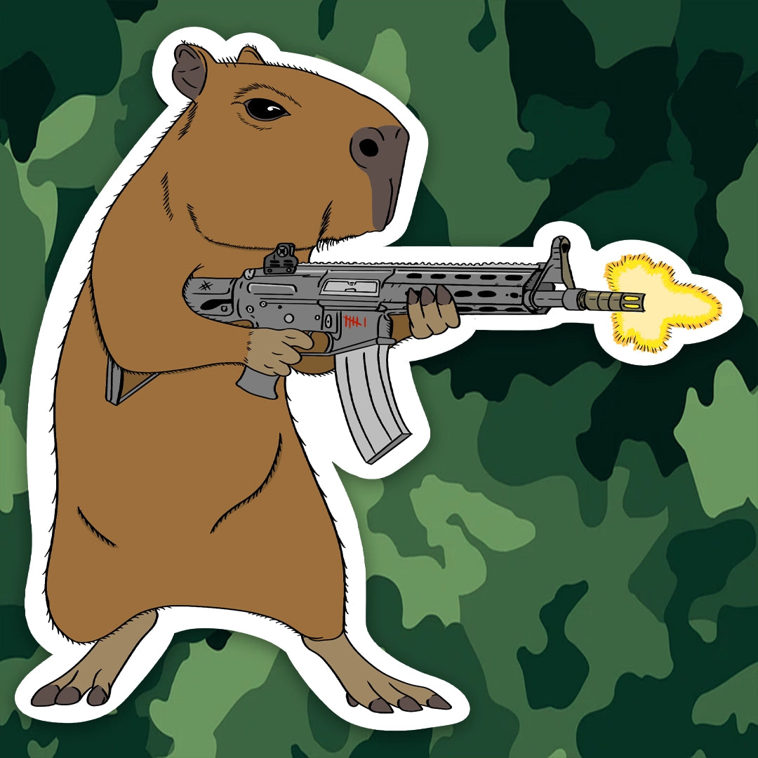 Cartoon capybara holding a gun on a camouflage background