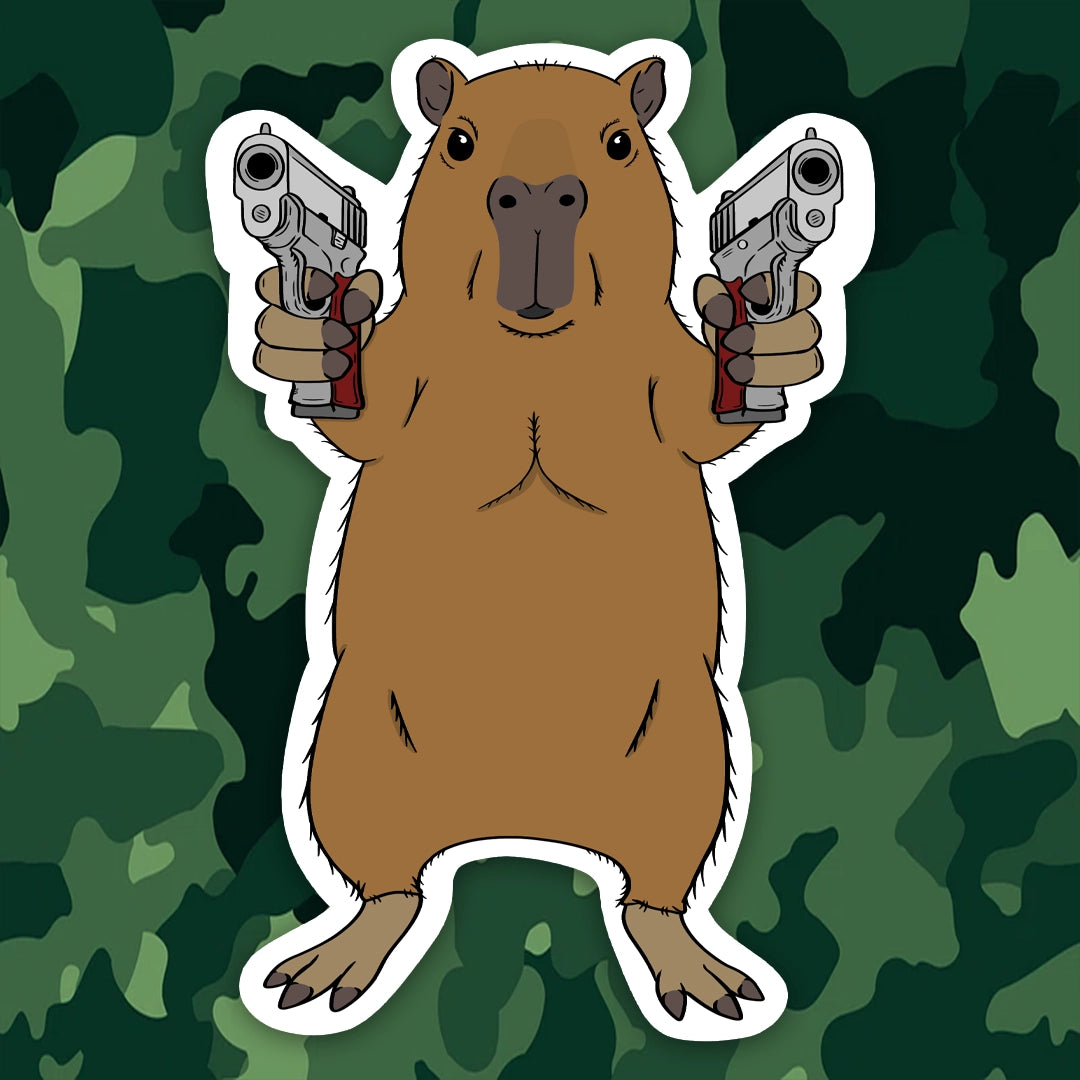 Cartoon capybara holding two guns on a camouflage background