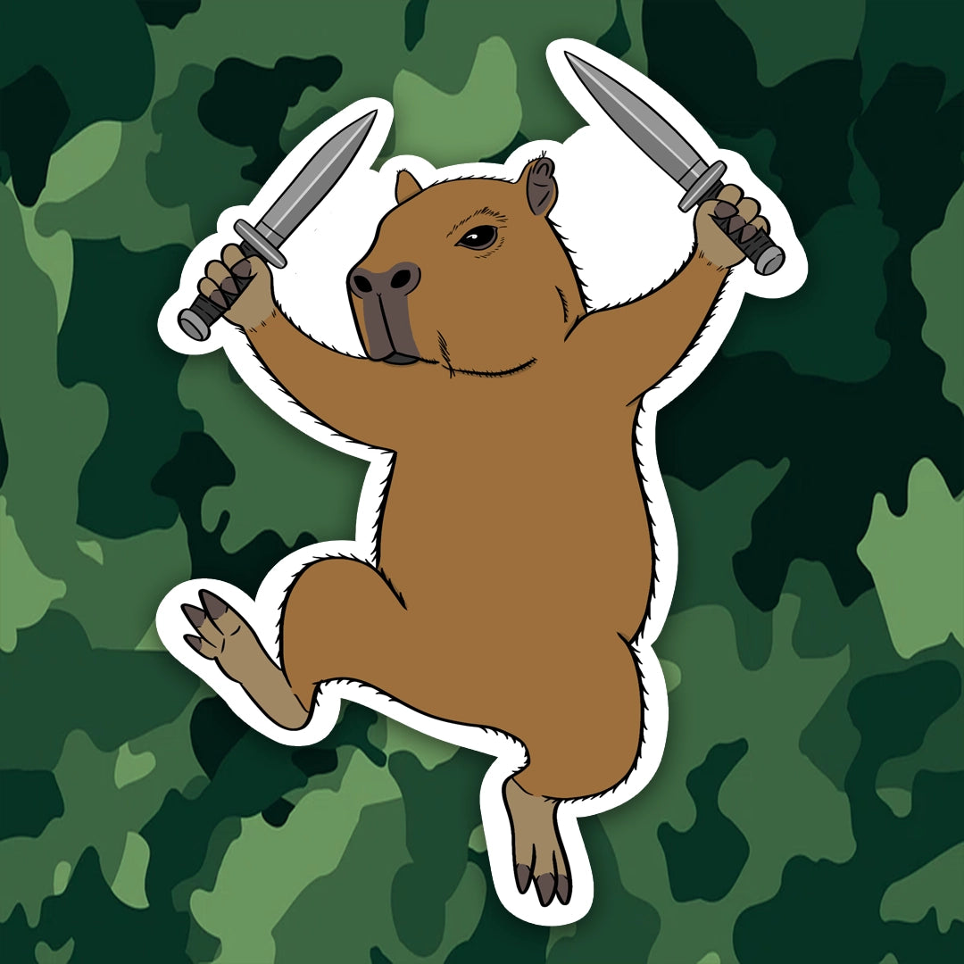 Cartoon capybara holding two knives on a camouflage background
