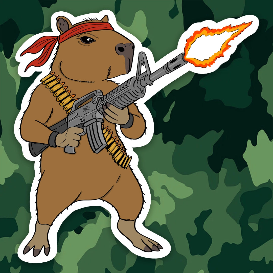 Cartoon capybara with a rifle and bandana on a camouflage background