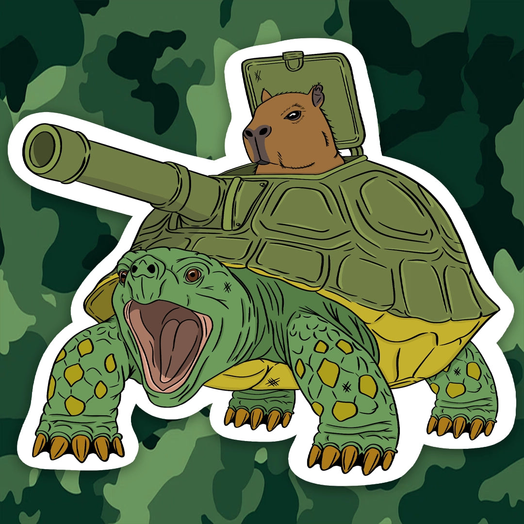 Cartoon turtle with a tank shell on its back and a capybara riding it, on a camouflage background.