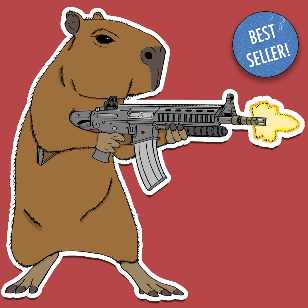 Sticker of a calm capybara firing a large assault rifle, illustrated in a humorous, deadpan combat pose.