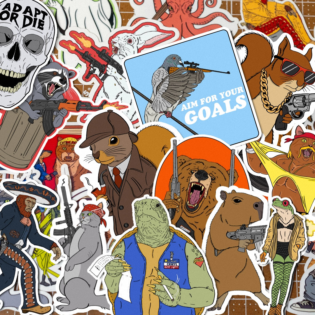 Collage of various stickers with different designs and text.