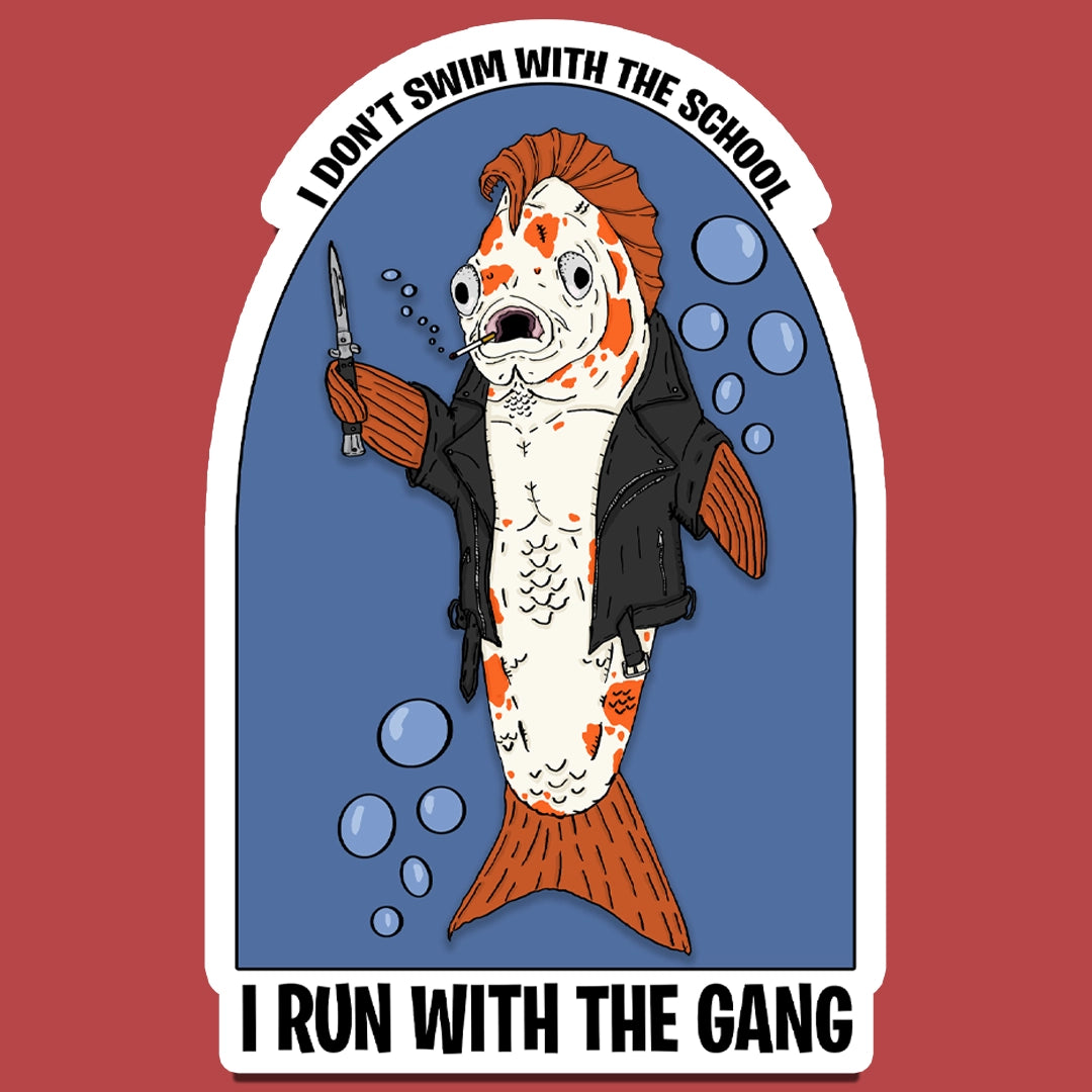Sticker of A fish looking like a Greaser from The Outsiders, with a leather jacket and switchblade