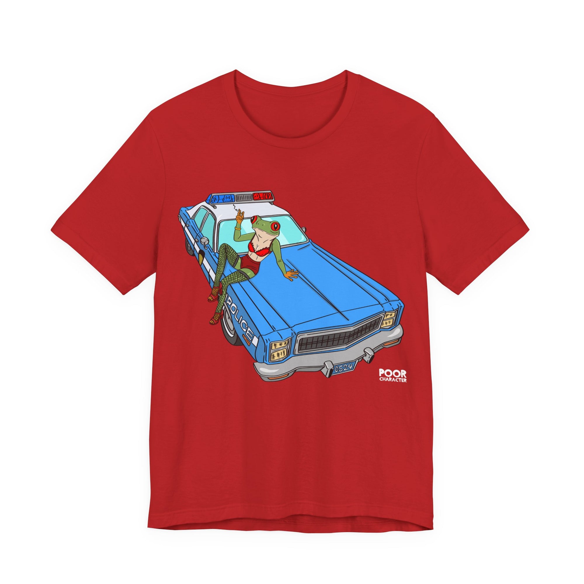 Red t-shirt with a graphic of a police car and frog on a white background