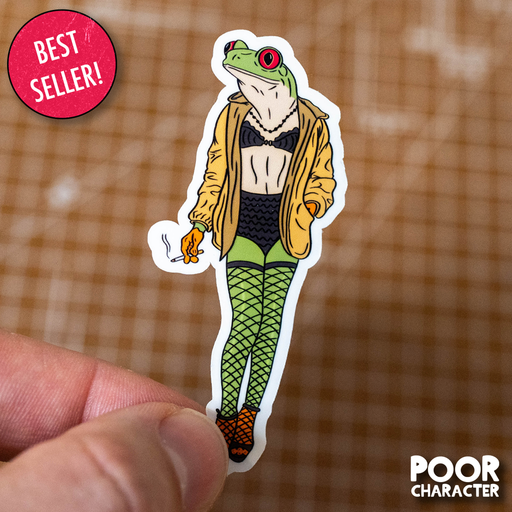 Sticker of A Frog prostitute wearing fishnets, heels, and smoking a cigarette