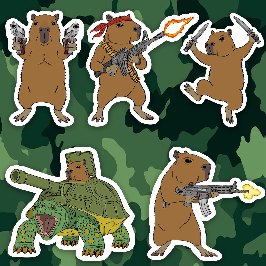 Set of illustrated stickers featuring capybaras and a turtle with military equipment on a camouflage background