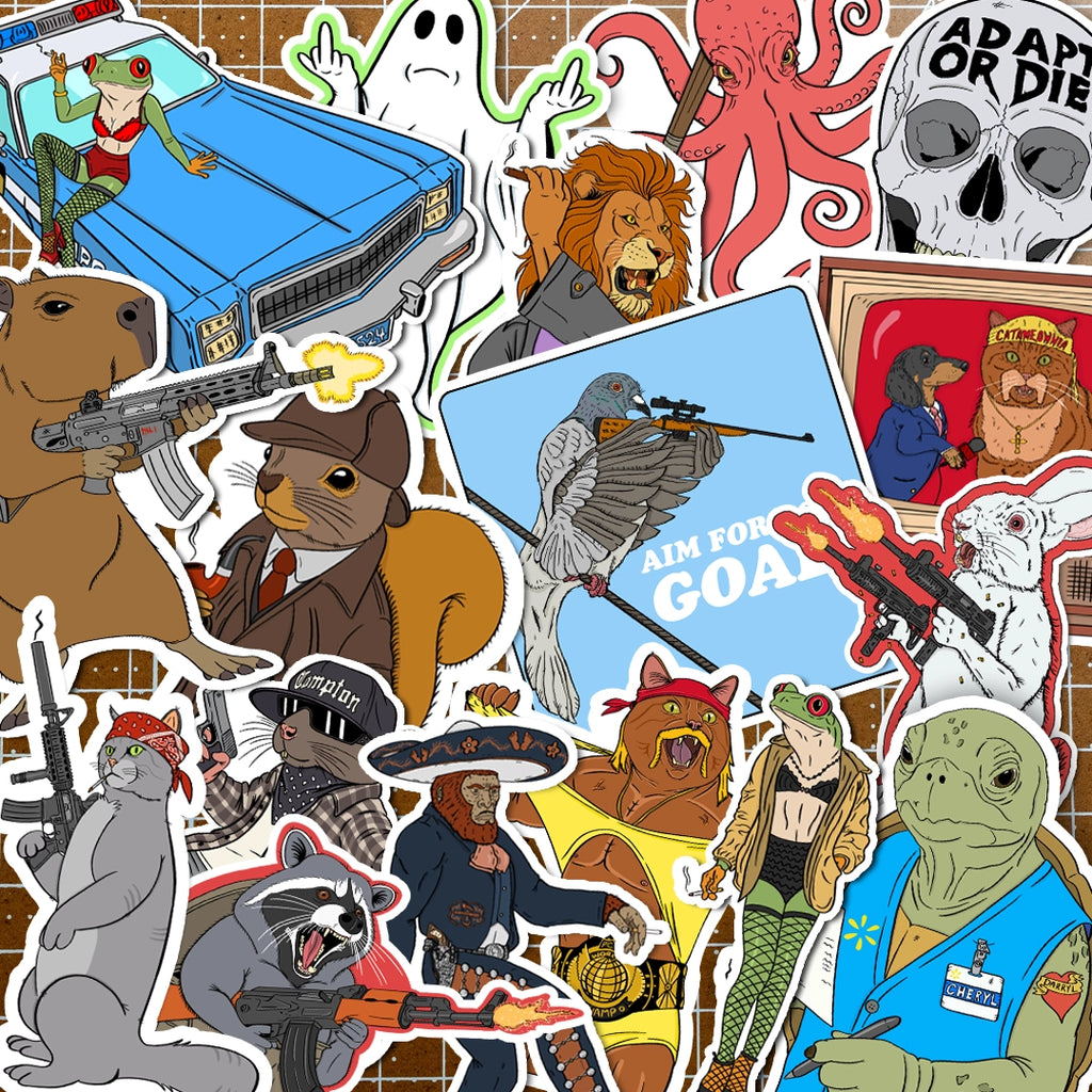 Collection of various illustrated stickers featuring animals and human-like characters with different poses and expressions.