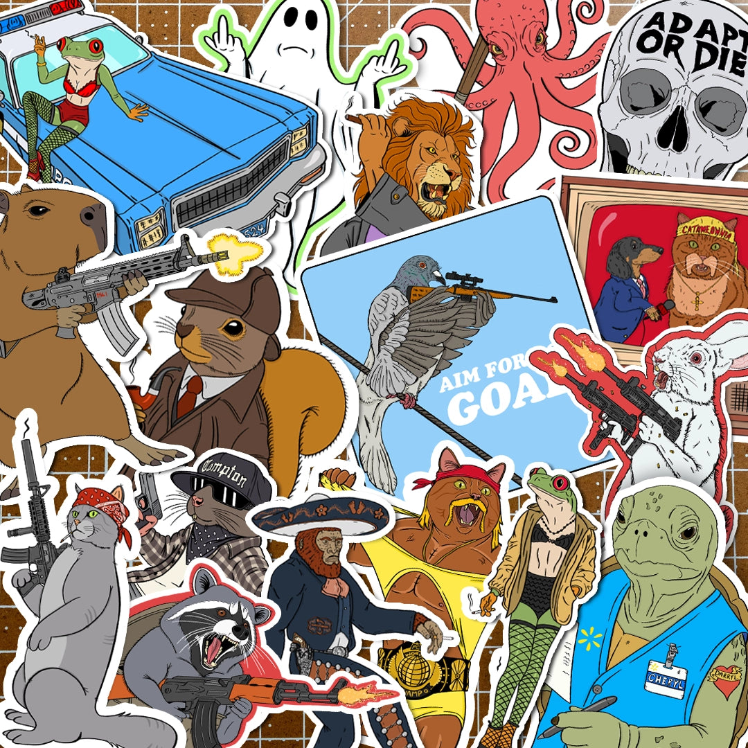 Collection of various illustrated stickers featuring animals and human-like characters with different poses and expressions.