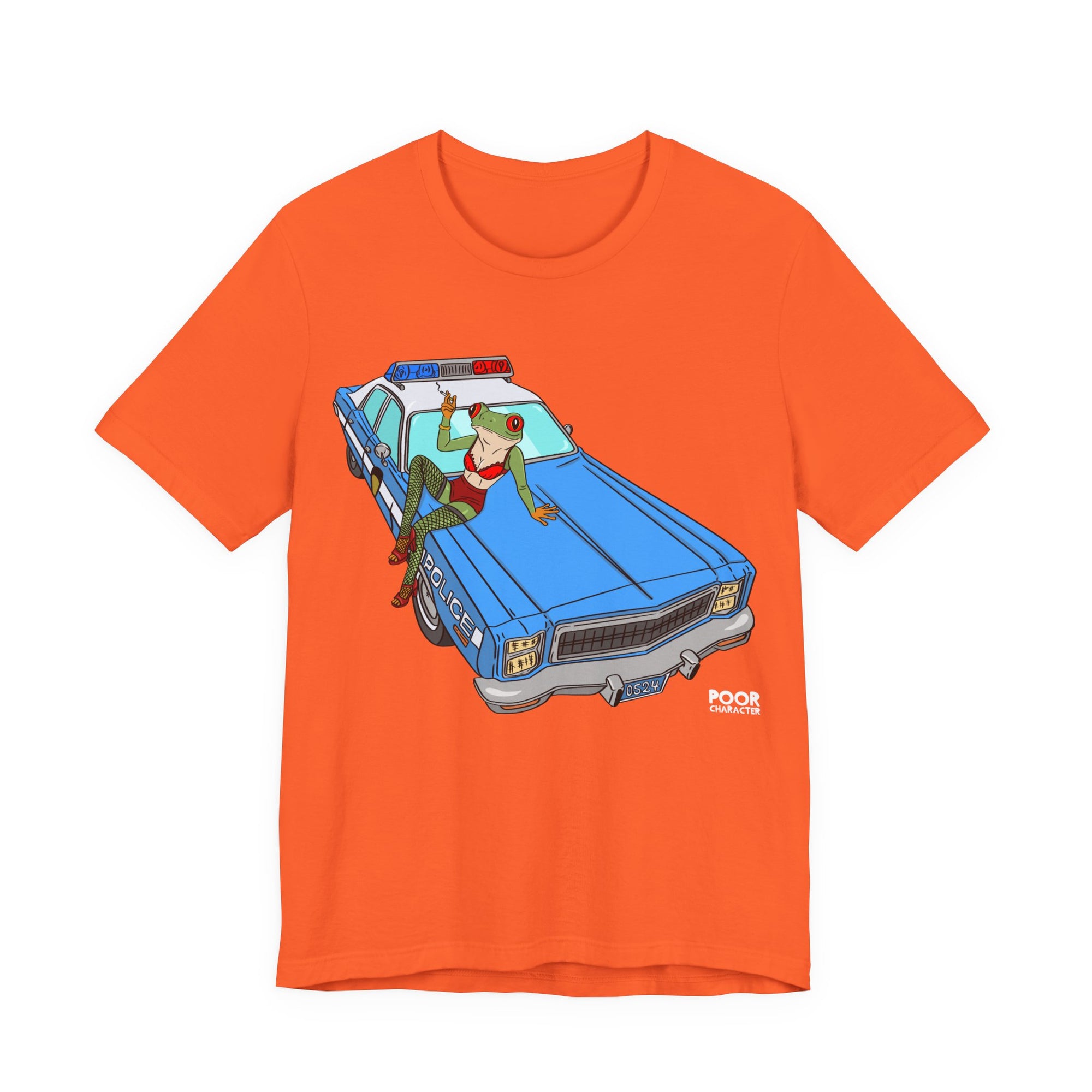 Orange t-shirt with a graphic of a police car and frog on a white background