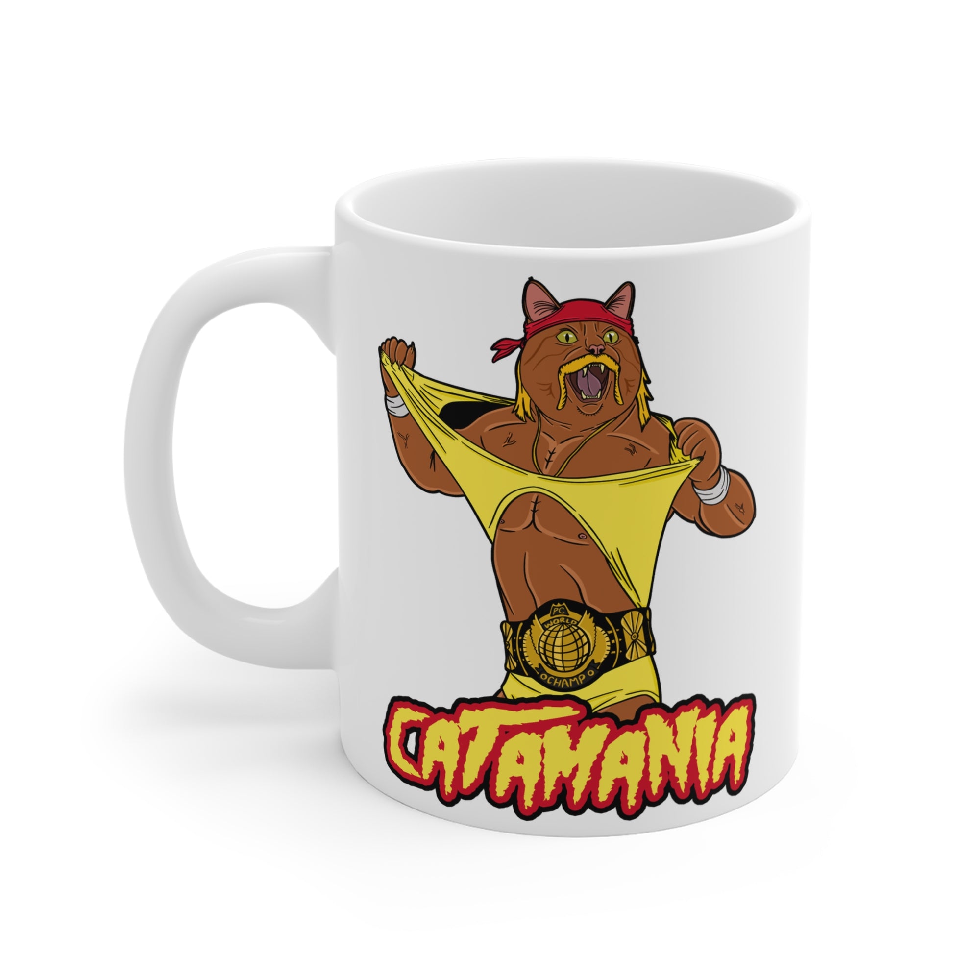 White mug with a cartoon cat character and 'Catamania' text on a white background