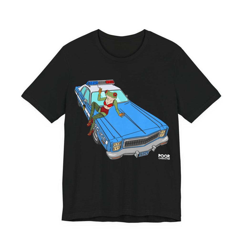 Black t-shirt with a colorful graphic of a police car and frog on a white background