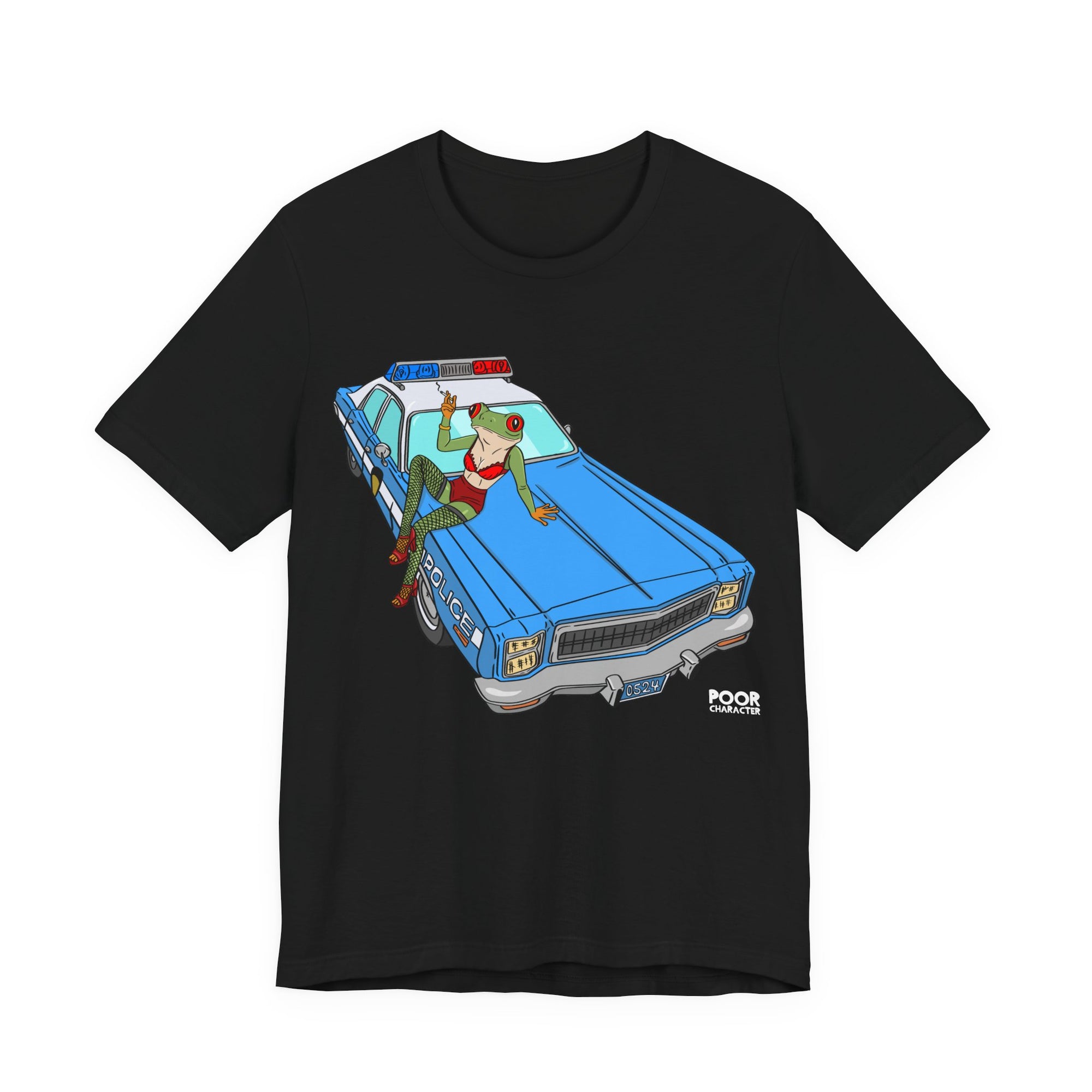 Black t-shirt with a colorful graphic of a police car and frog on a white background