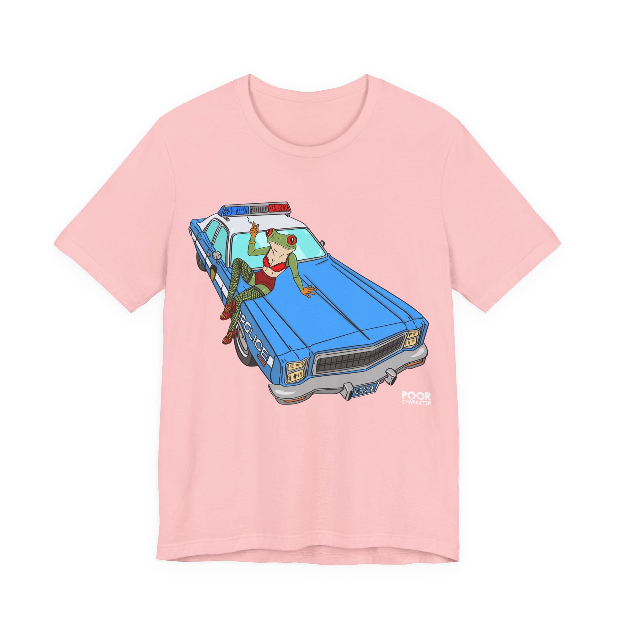 Pink t-shirt with a blue police car graphic on a white background