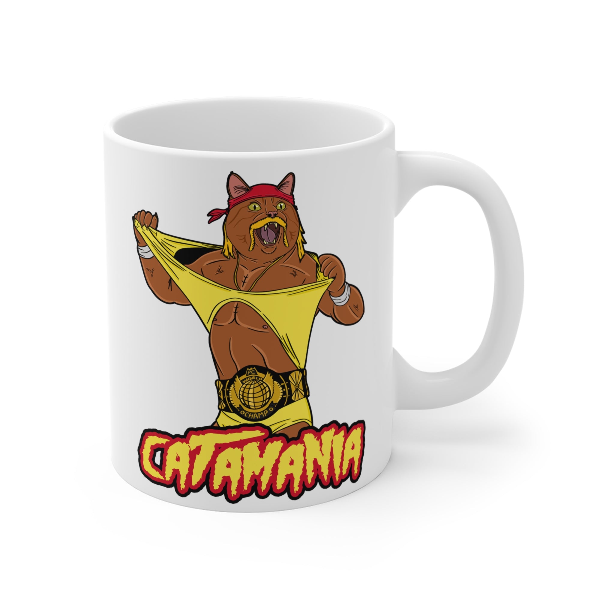 White mug with a cartoon cat in a yellow outfit and red bandana, ripping a yellow shirt, on a white background.