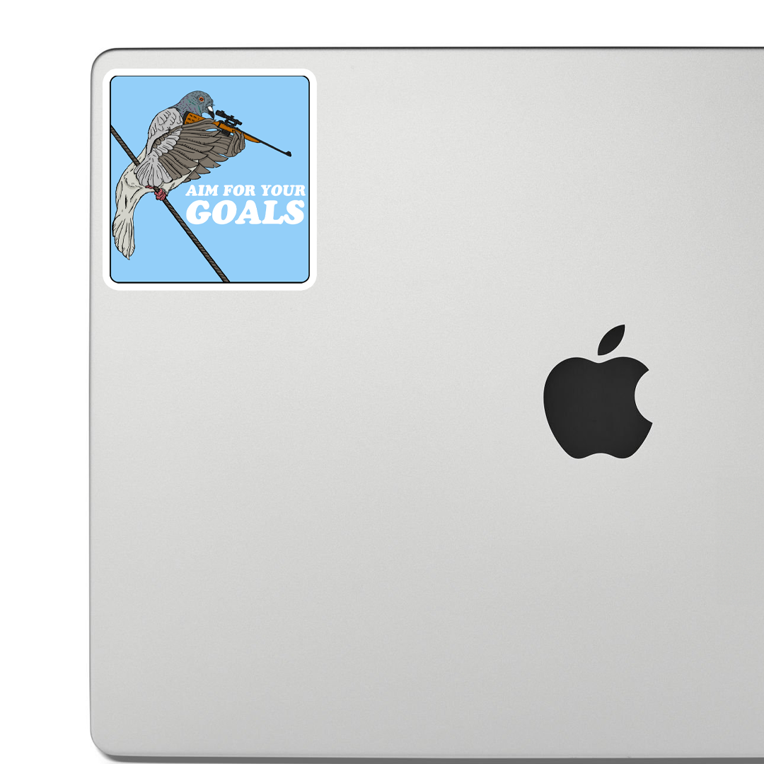 Sticker of A pigeon on a wire, aiming a sniper rifle with the words 'Aim For Your Goals' beside it