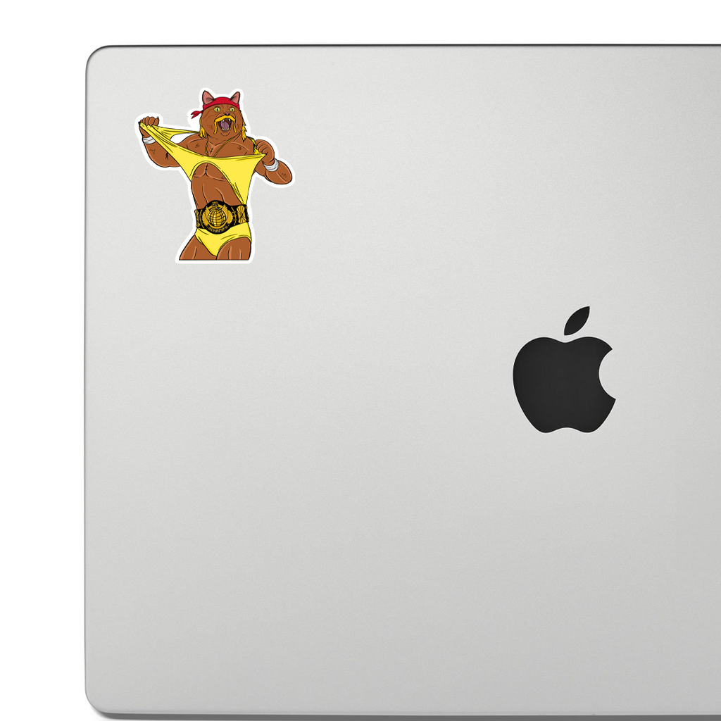 Sticker of An 80s-era pro wrestling cat tearing his t-shirt off his body and wearing the heavyweight title