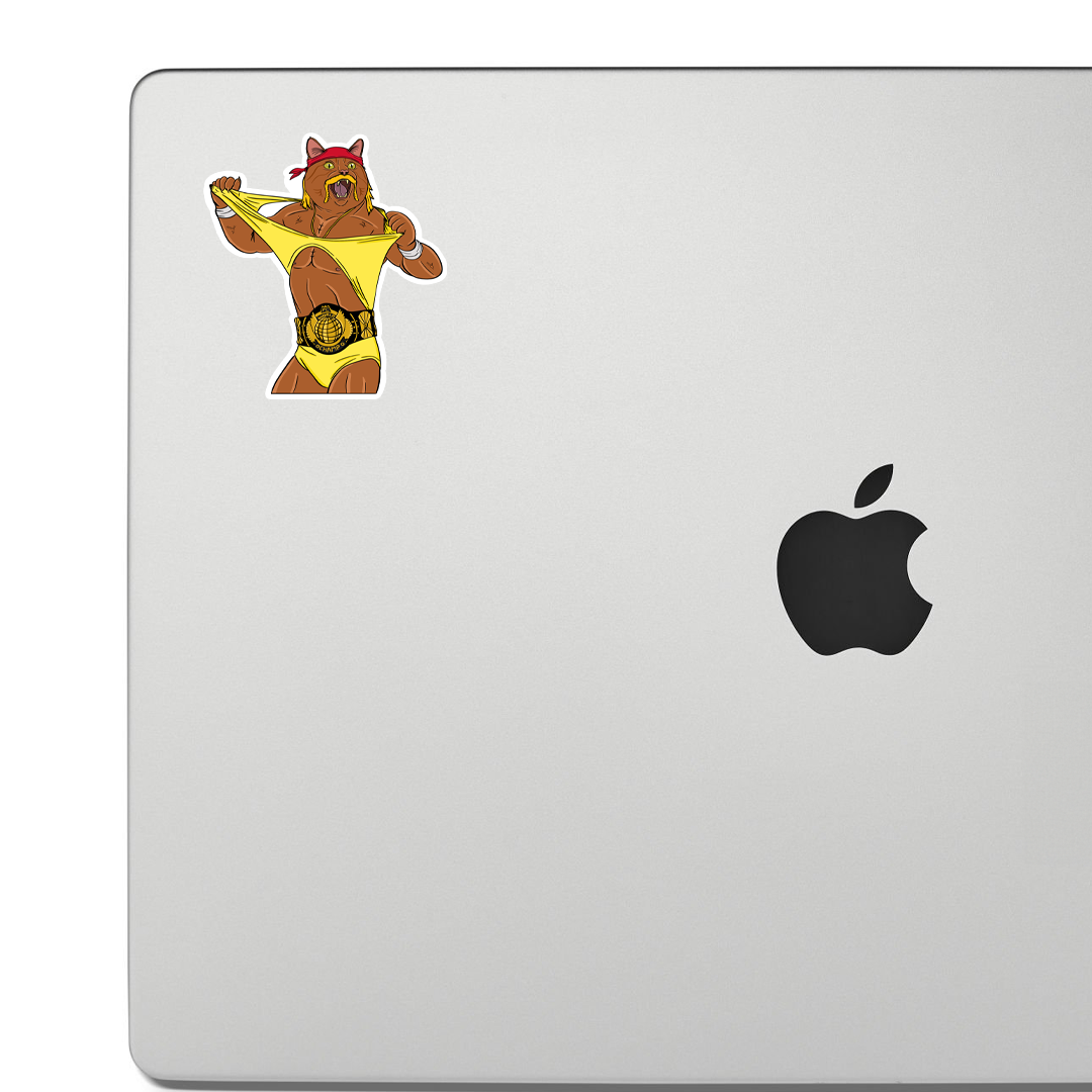 Sticker of An 80s-era pro wrestling cat tearing his t-shirt off his body and wearing the heavyweight title