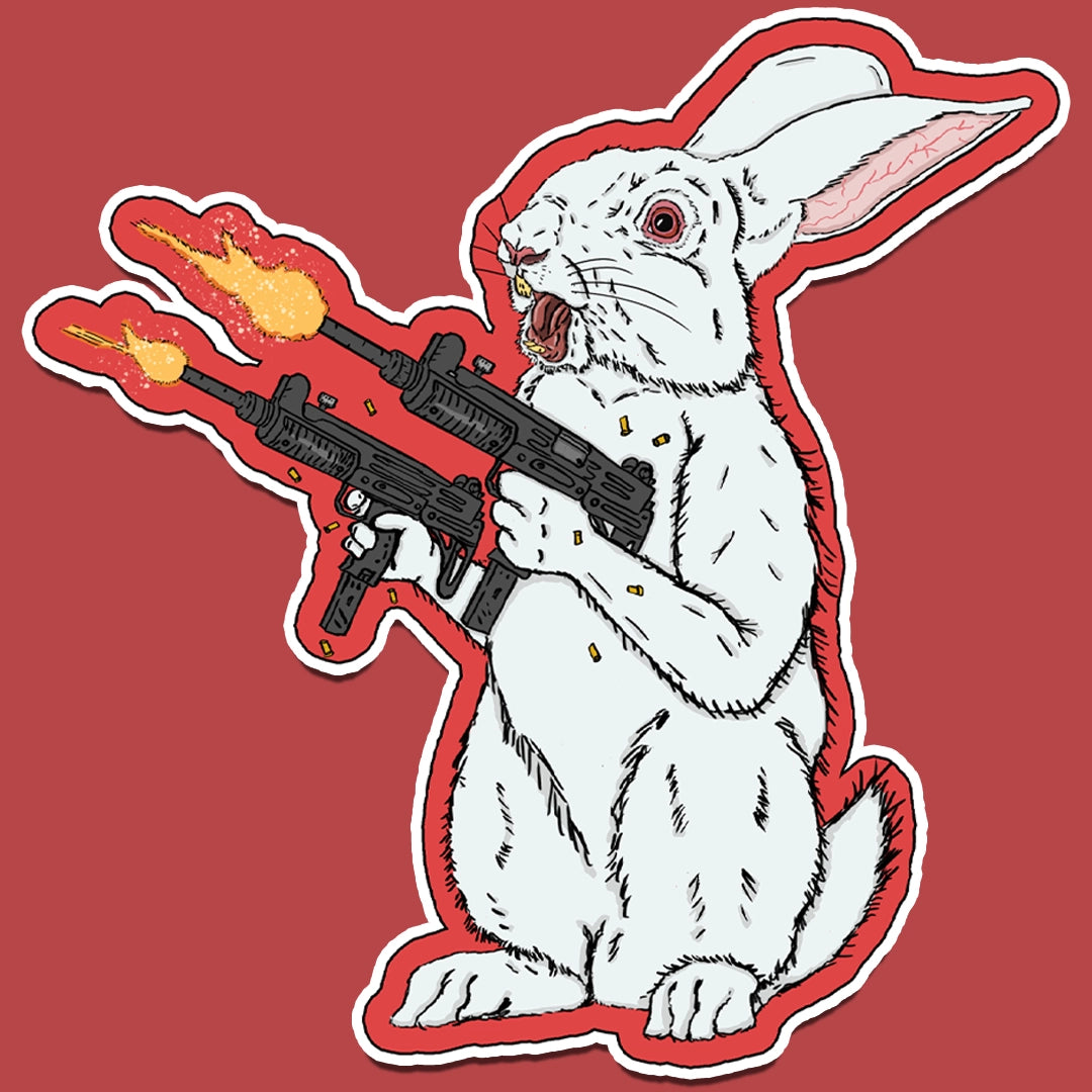 Sticker of a screaming bunny dual-wielding two Uzis, mid-blast, drawn in an explosive, animated style.
