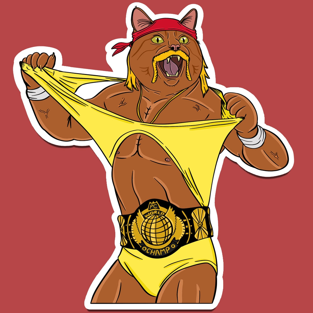Sticker of An 80s-era pro wrestling cat tearing his t-shirt off his body and wearing the heavyweight title