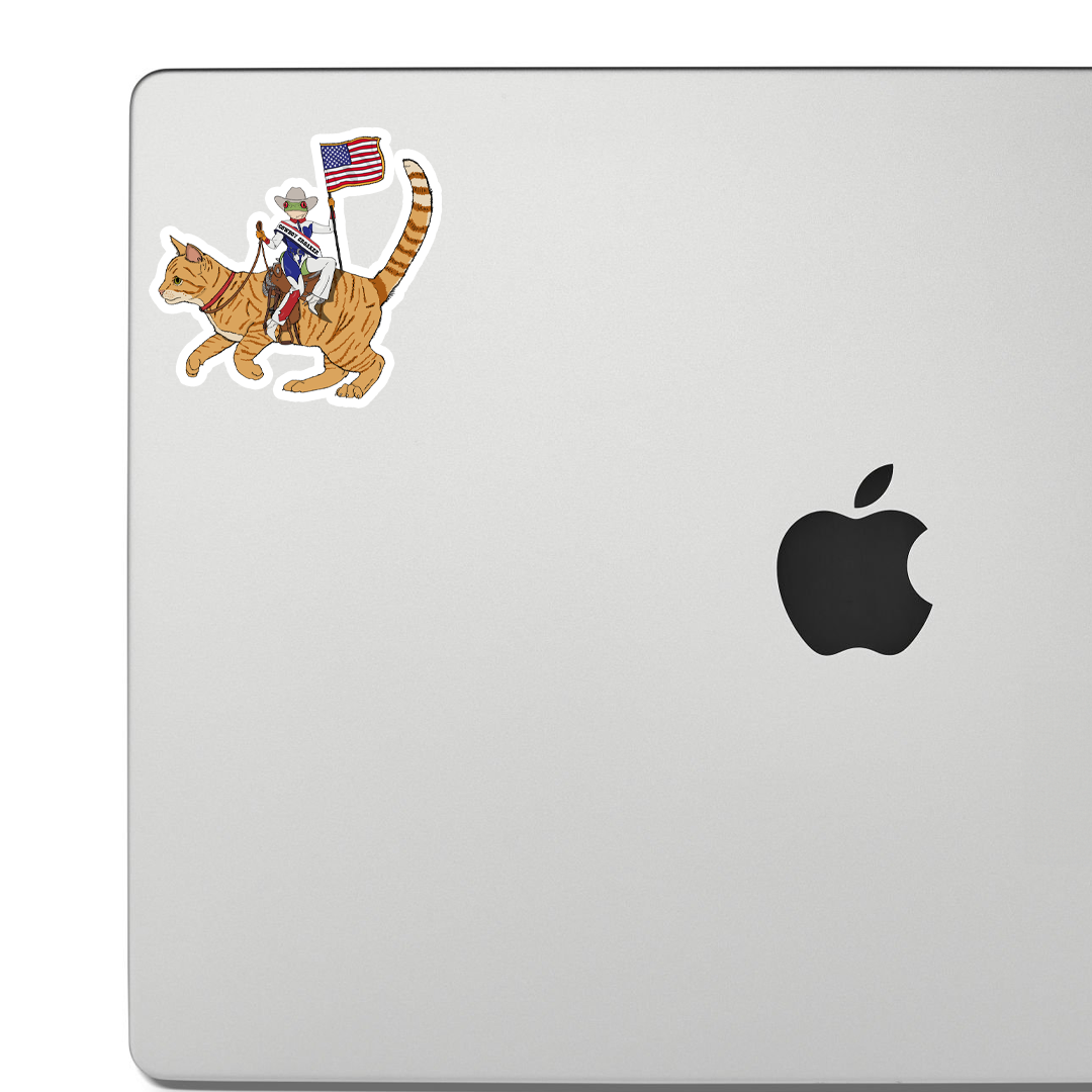 Sticker of A frog wearing cowboy gear riding a cat like a horse, parodying Beyoncé's Cowboy Carter album