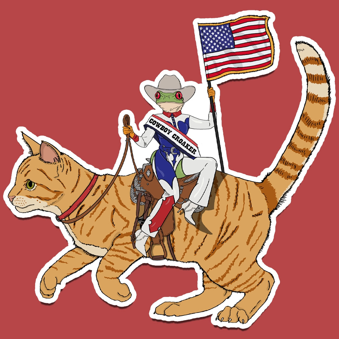 Sticker of A frog wearing cowboy gear riding a cat like a horse, parodying Beyoncé's Cowboy Carter album