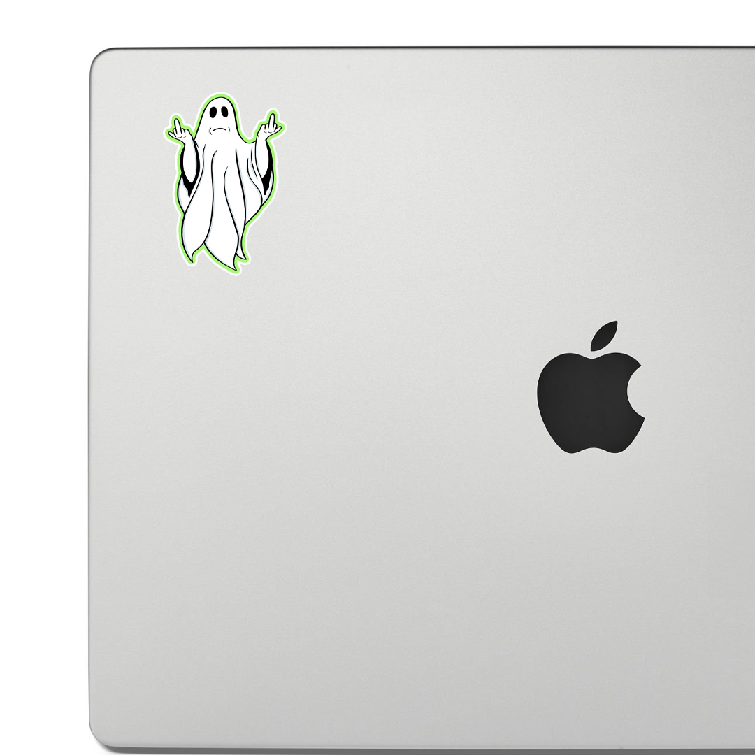 Sticker of A classic white-sheeted ghost throwing up two middle fingers