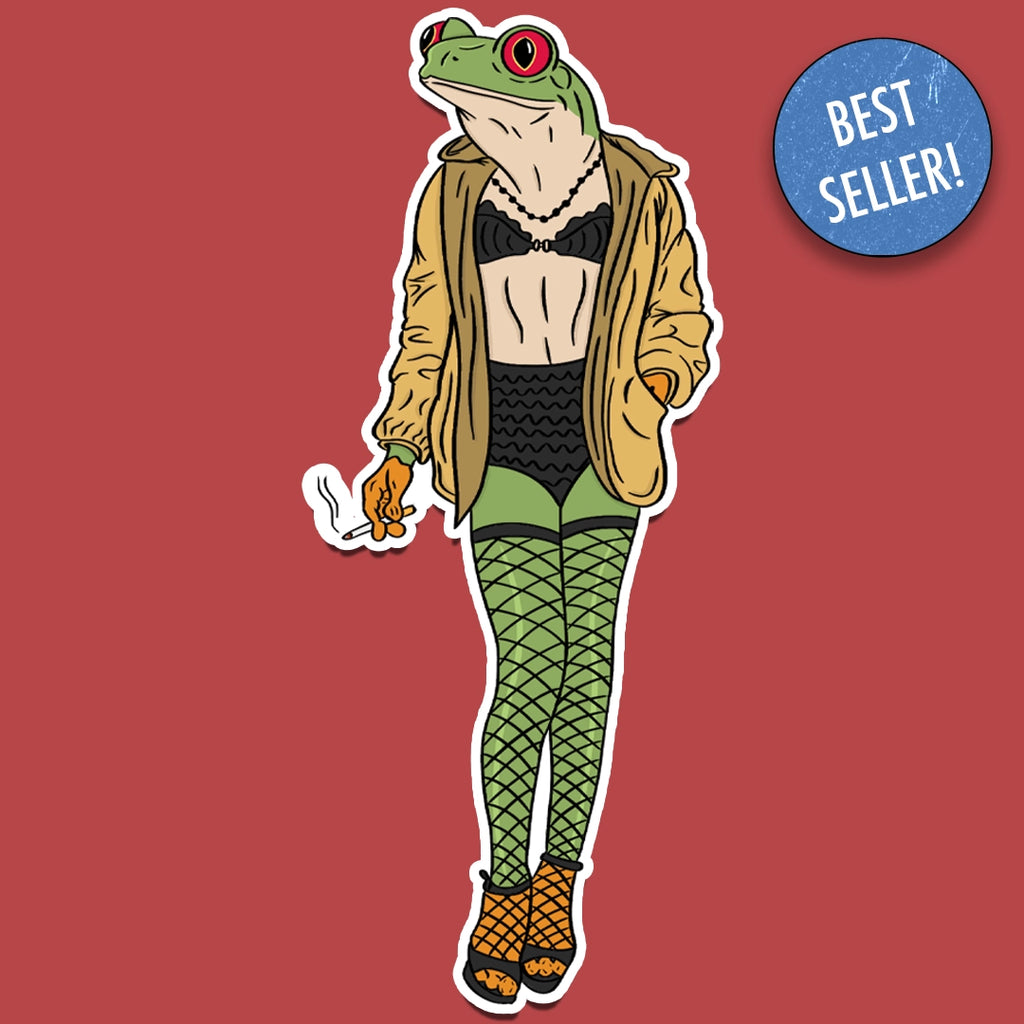 Sticker of A Frog prostitute wearing fishnets, heels, and smoking a cigarette