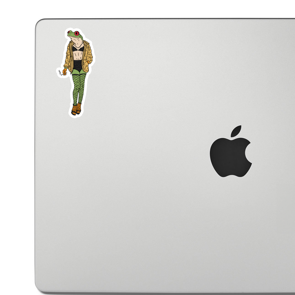 Sticker of A Frog prostitute wearing fishnets, heels, and smoking a cigarette