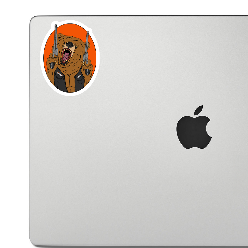 Sticker of A roaring grizzly bear wearing a leather jacket and holding two smoking pistols