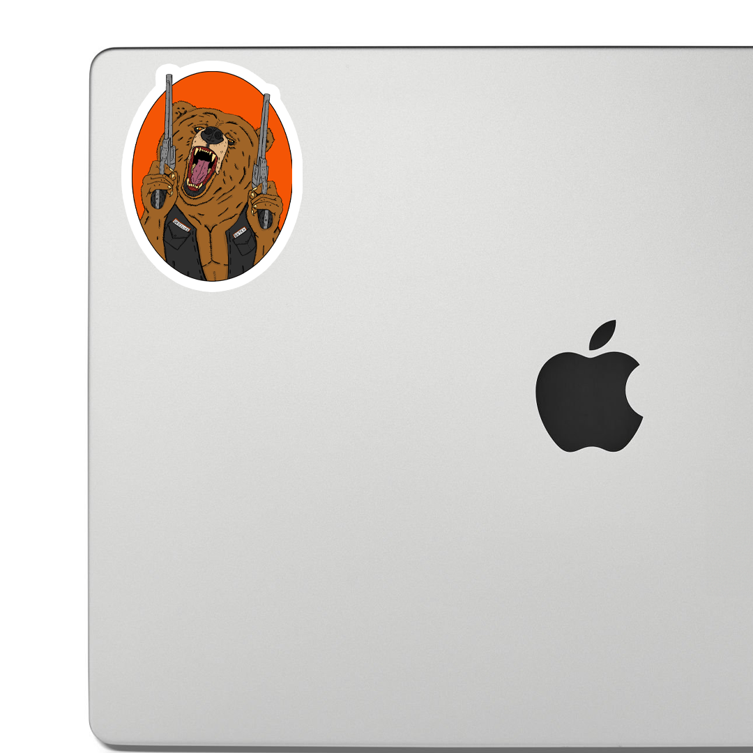 Sticker of A roaring grizzly bear wearing a leather jacket and holding two smoking pistols