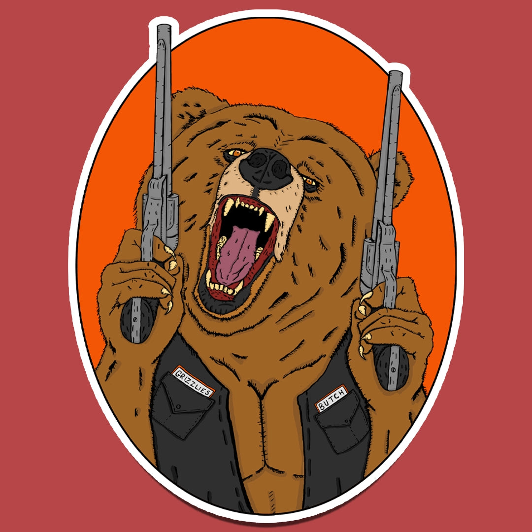 Sticker of A roaring grizzly bear wearing a leather jacket and holding two smoking pistols