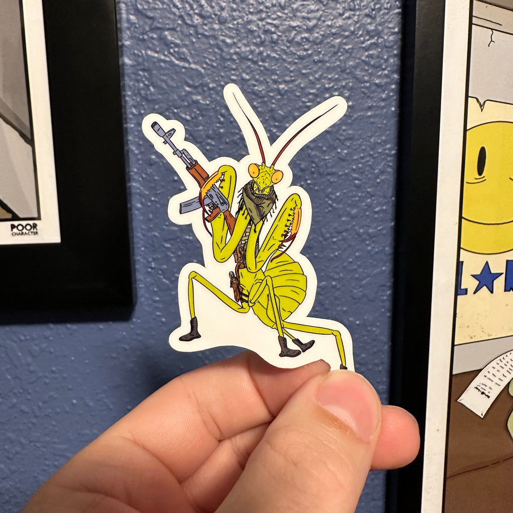 Sticker of A praying mantis in military gear carrying a rifle