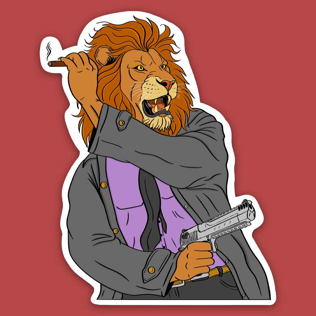 Cartoon lion wearing a jacket and holding a gun on a red background