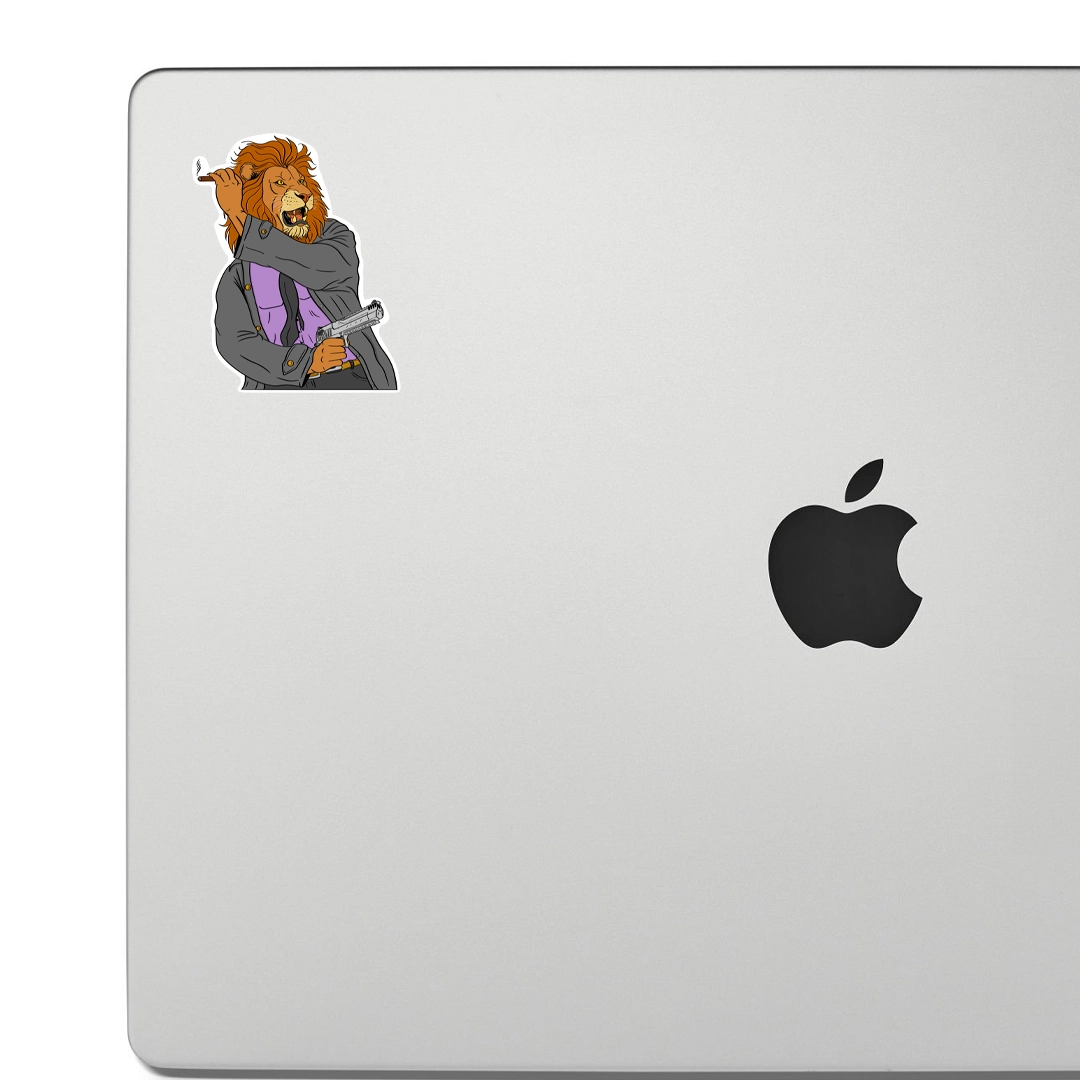 Laptop with a sticker of a lion wearing a suit and tie on a white background