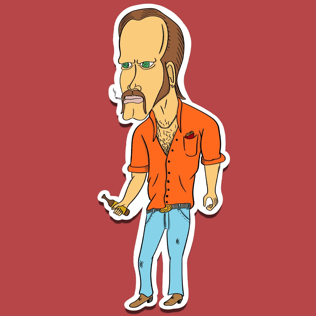 Sticker of A redneck with hypnotic eyes, mullet, beer, and cigarettes in his pocket