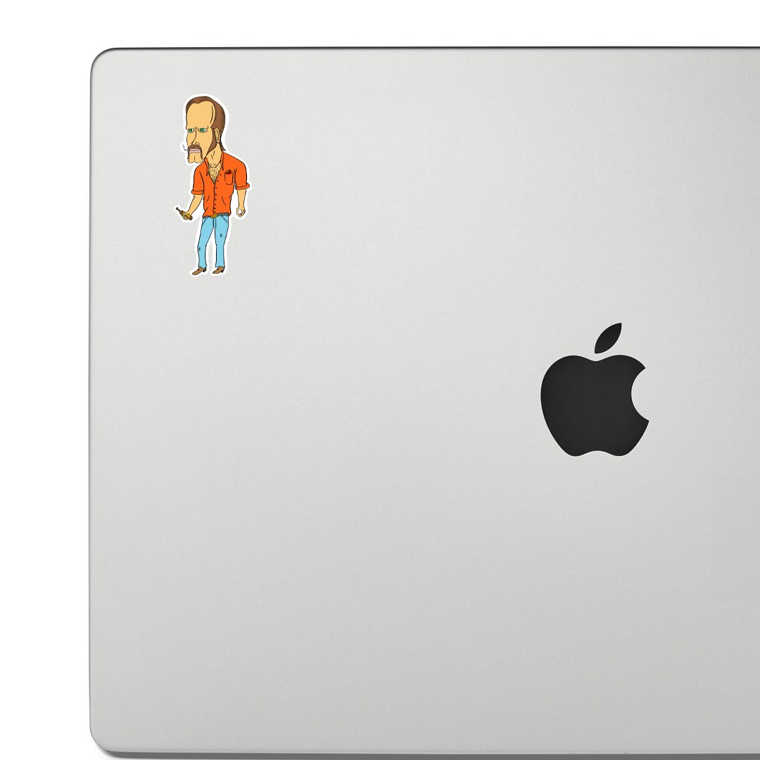 Sticker of A redneck with hypnotic eyes, mullet, beer, and cigarettes in his pocket