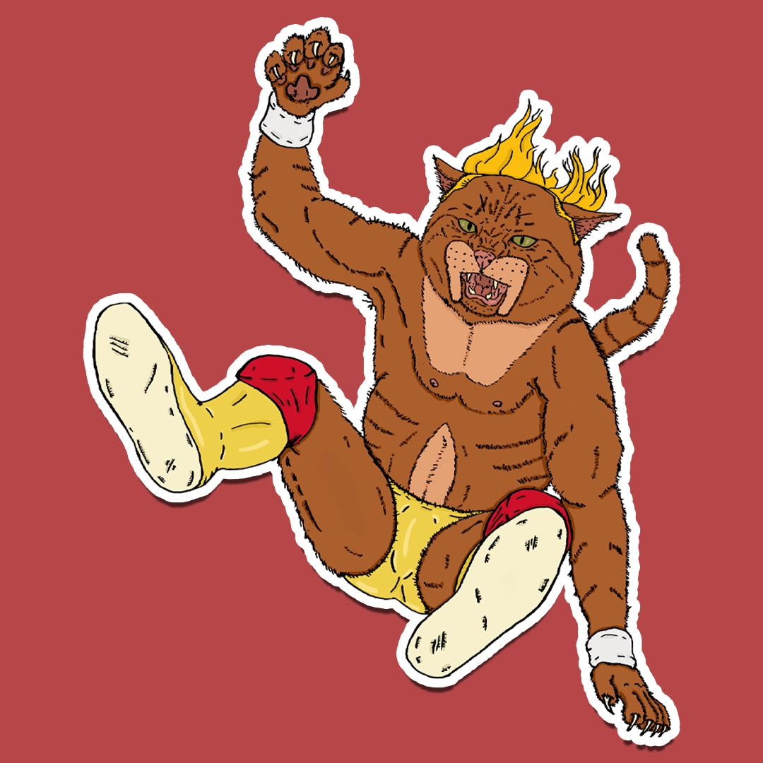 Sticker of The Catamaniac performing a Hulk Hogan-style leg drop