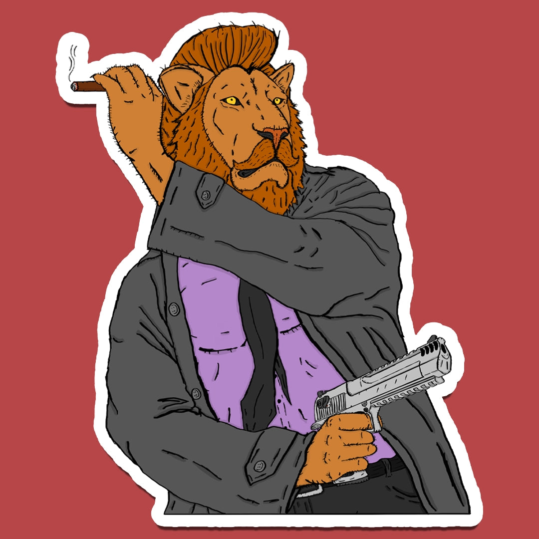 Sticker of A lion drawing a large handgun from under his trenchcoat while holding a cigar