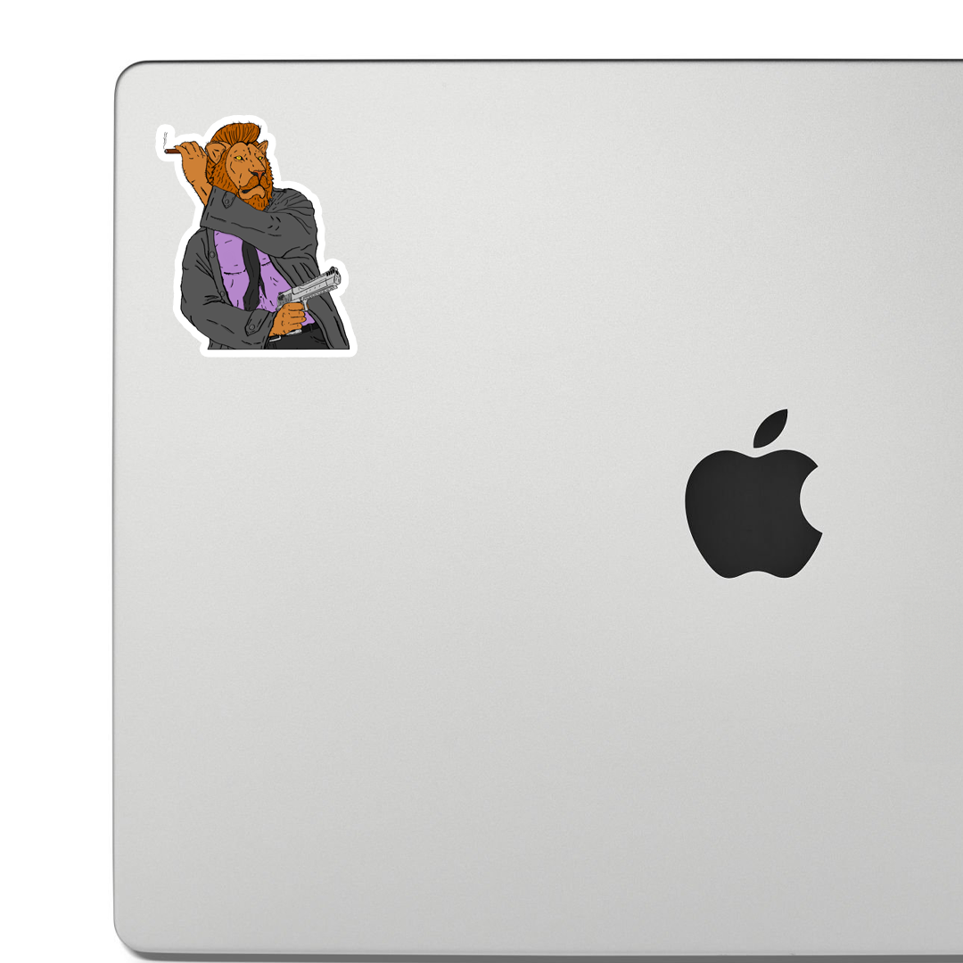 Sticker of A lion drawing a large handgun from under his trenchcoat while holding a cigar