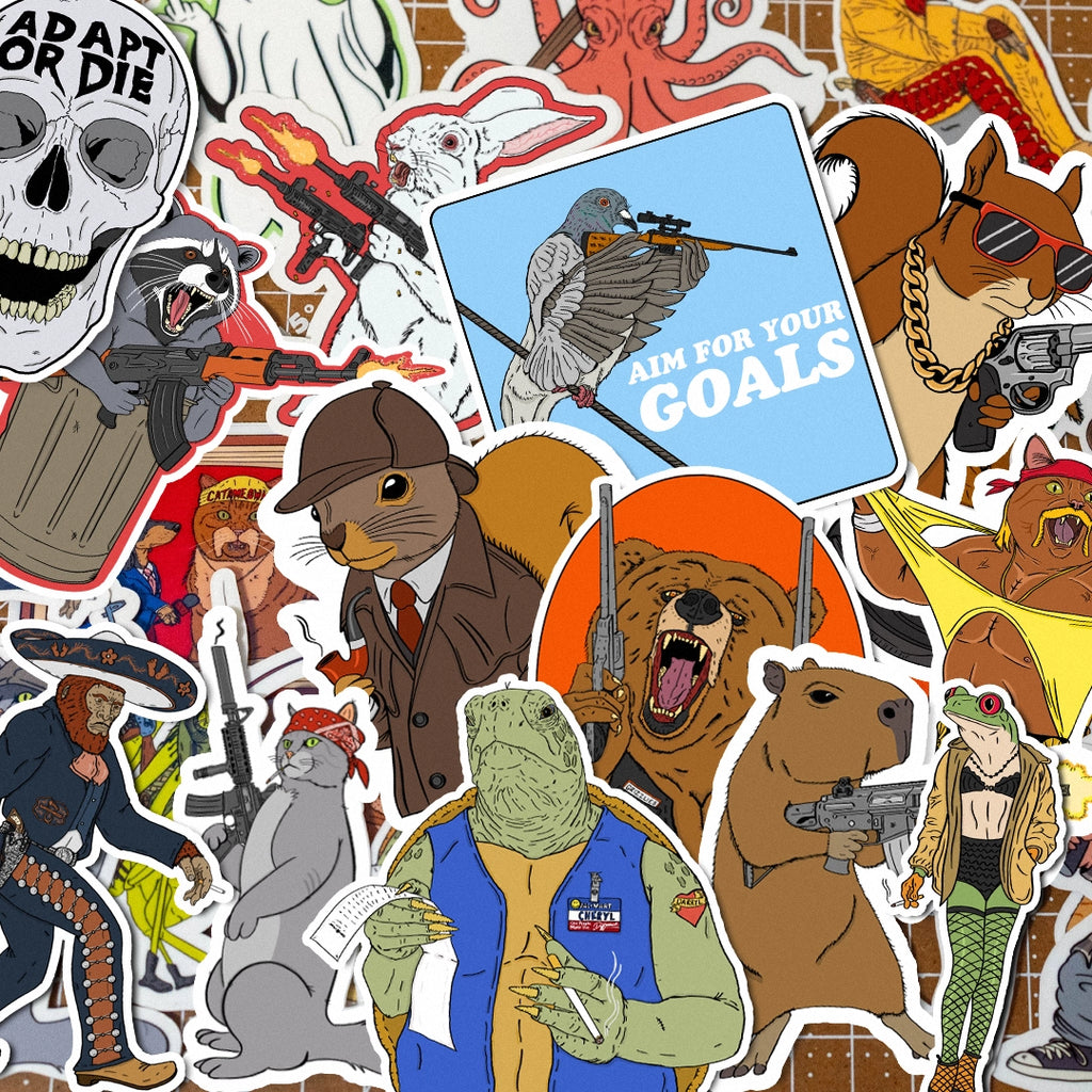 Collage of various stickers with different designs and text.