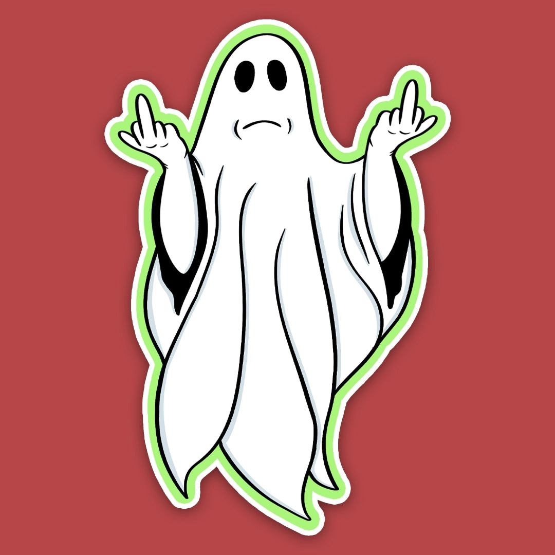 Sticker of A classic white-sheeted ghost throwing up two middle fingers