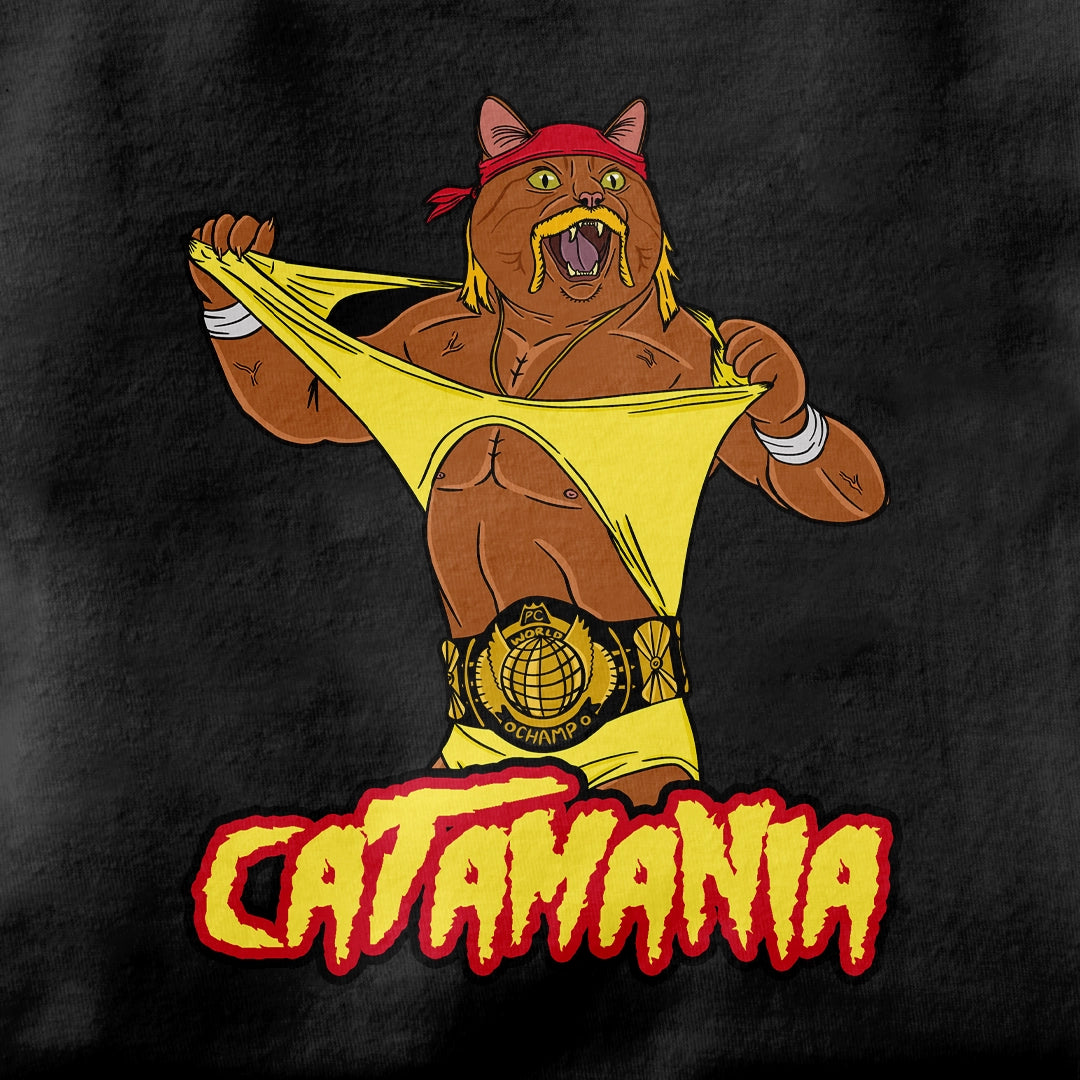 T-shirt with a cartoon cat in a wrestling pose and 'Catamania' text on a black background