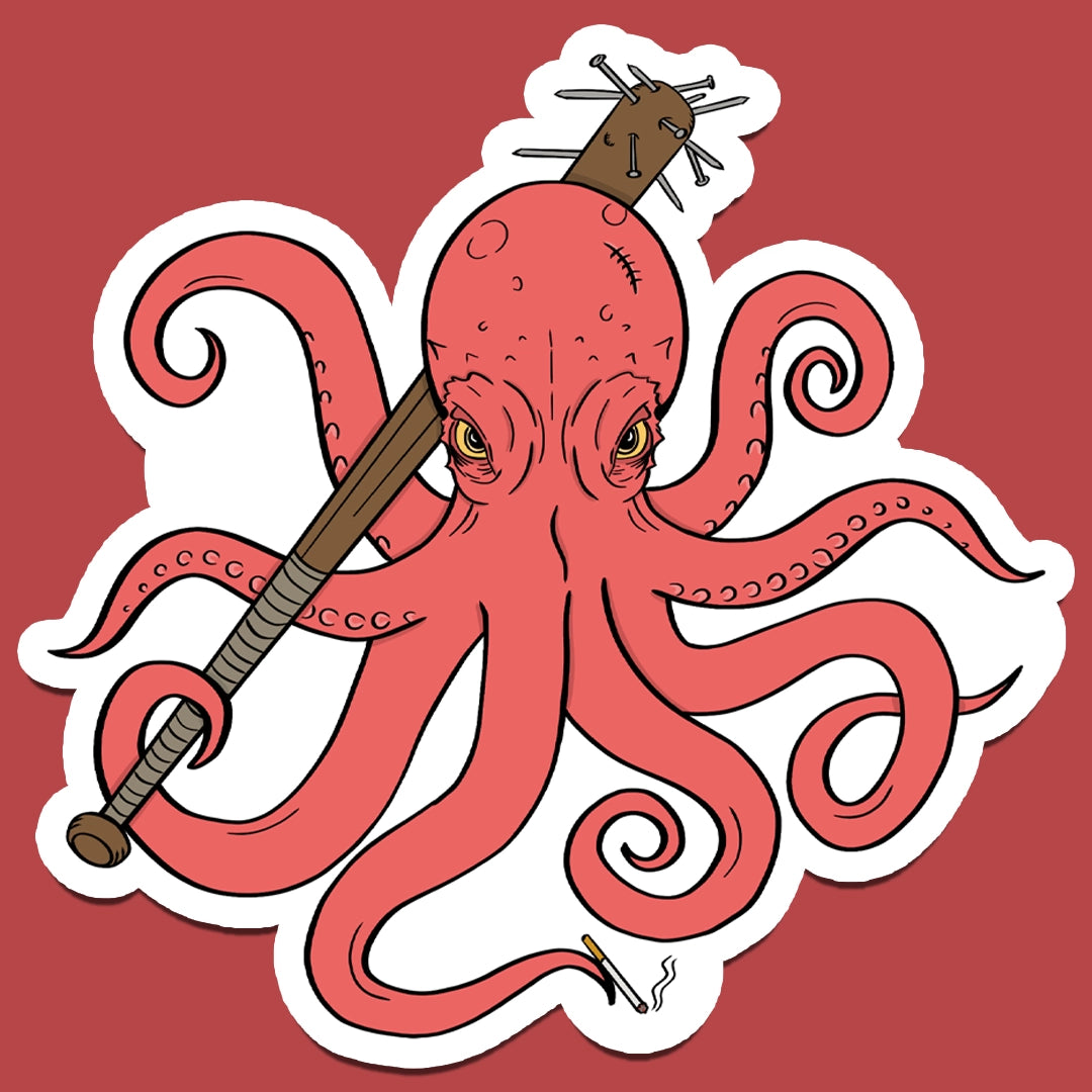 A menacing octopus holding a cigarette in one tentacle and a spike baseball bat in the other 
