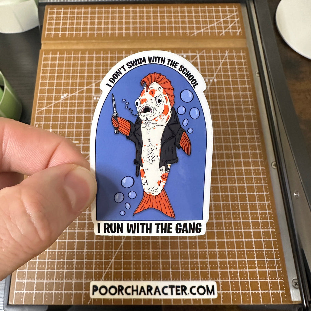 Sticker of A fish looking like a Greaser from The Outsiders, with a leather jacket and switchblade