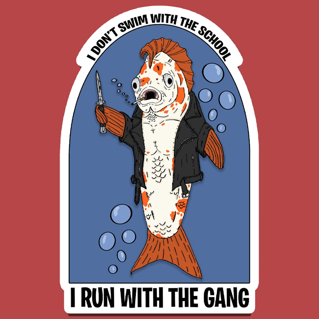 Sticker of A fish looking like a Greaser from The Outsiders, with a leather jacket and switchblade