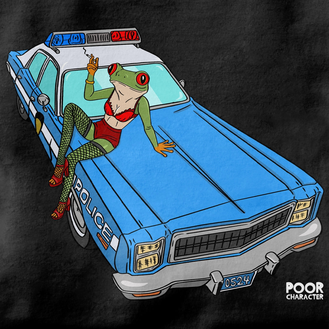 Animated frog character sitting on a police car with a dark background