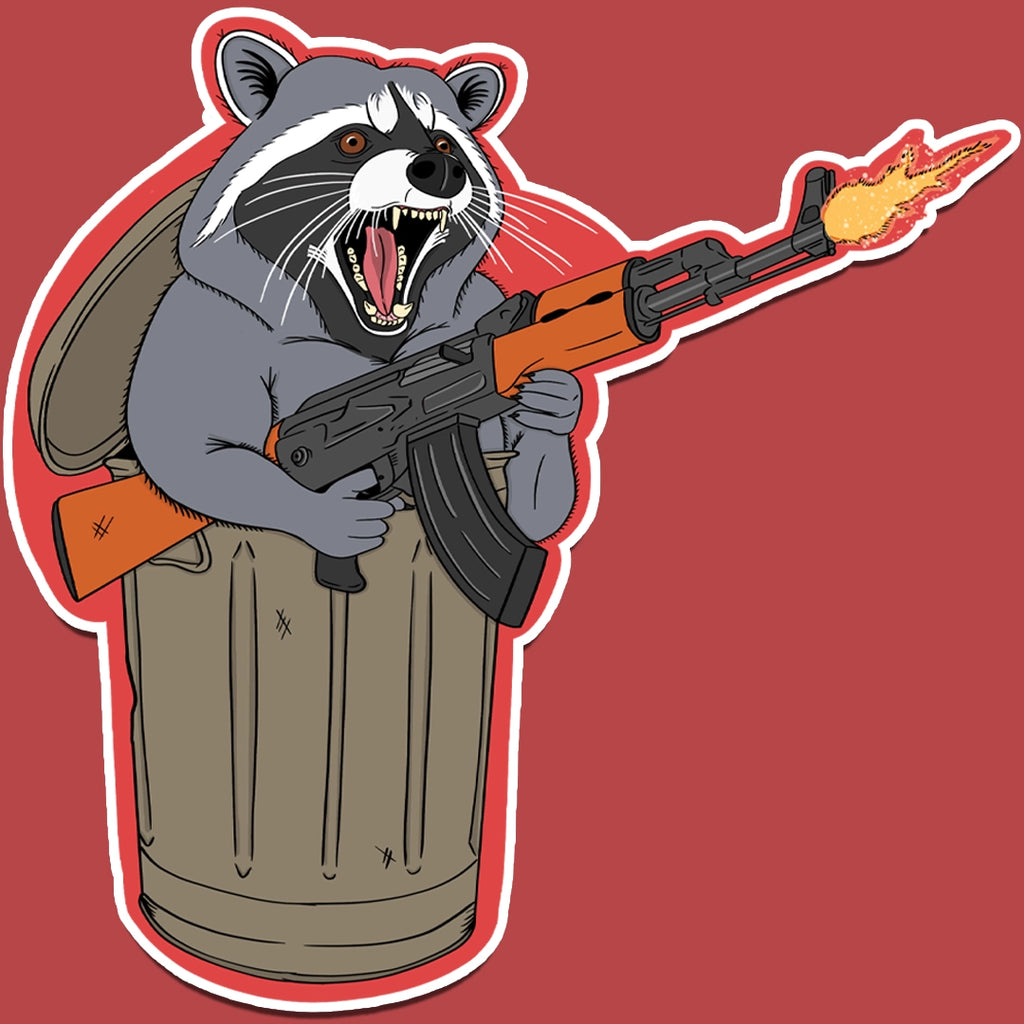 Sticker of a raccoon popping out of a trashcan while shooting an AK-47, drawn in a cartoonishly wild and rebellious style.