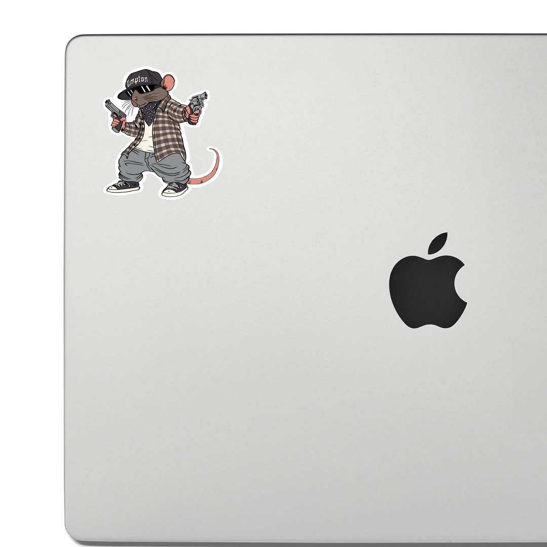 Sticker of a rat paying homage to Eazy E, holding two handguns, wearing a Compton hat and plaid shirt