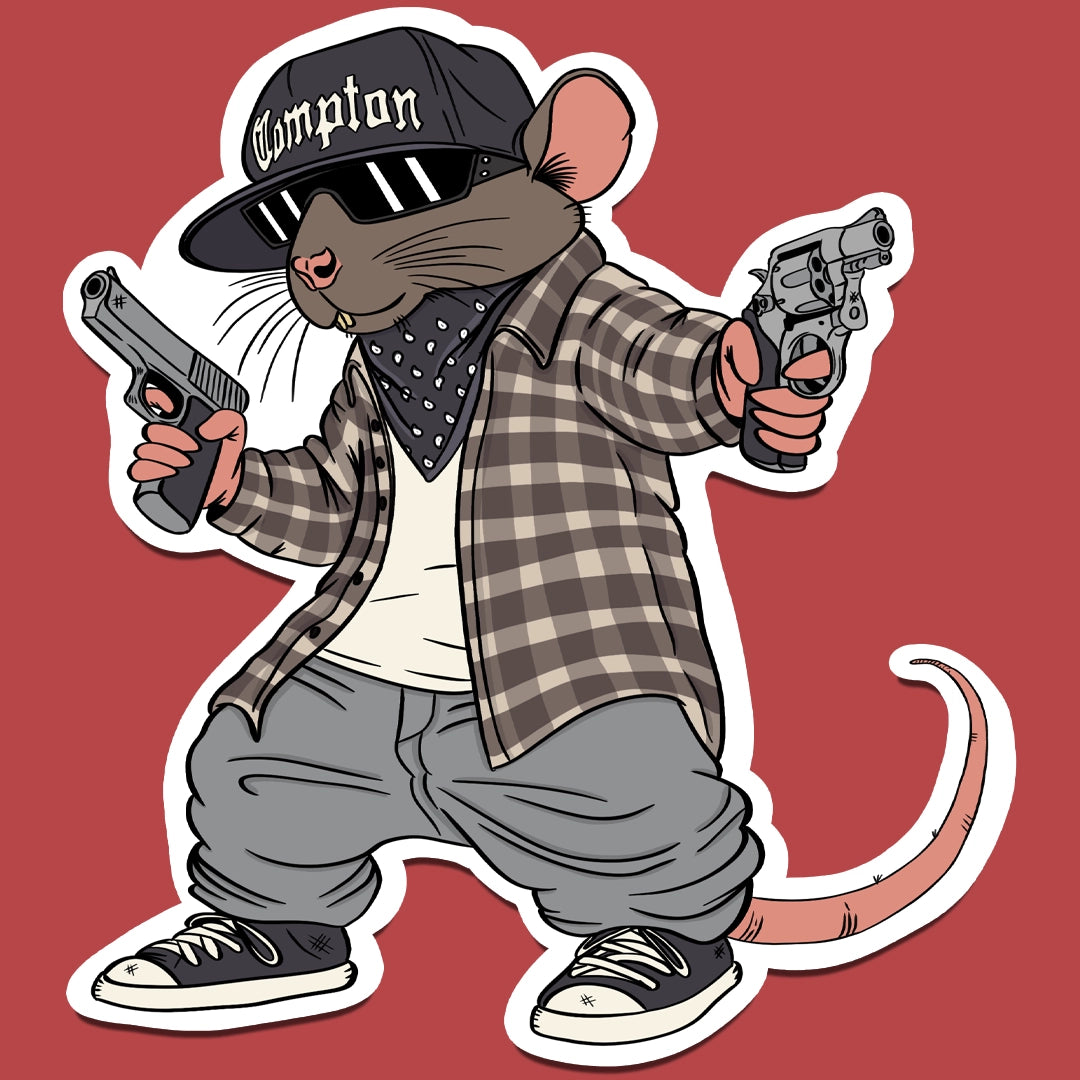 Sticker of a rat paying homage to Eazy E, holding two handguns, wearing a Compton hat and plaid shirt